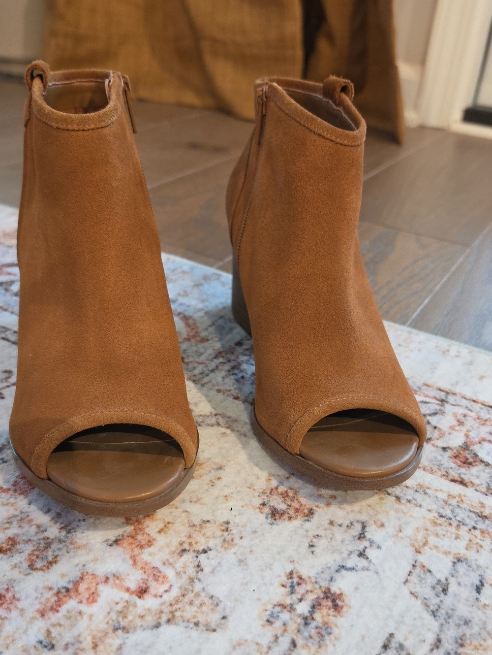 Aldo Cognac Suede Peep-Toe Ankle Booties